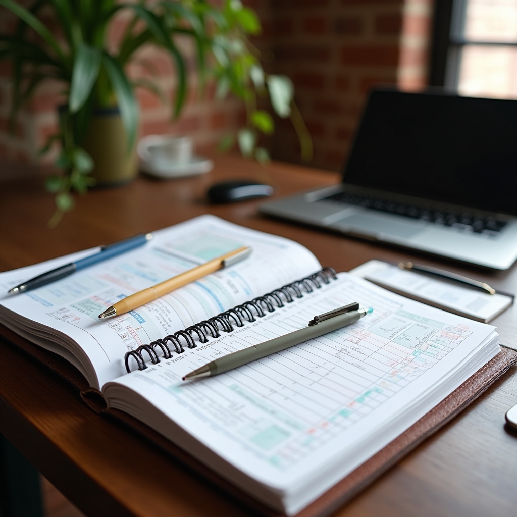 Organized budgeting materials including a notebook, pen, and financial planning sheets on a clean desk