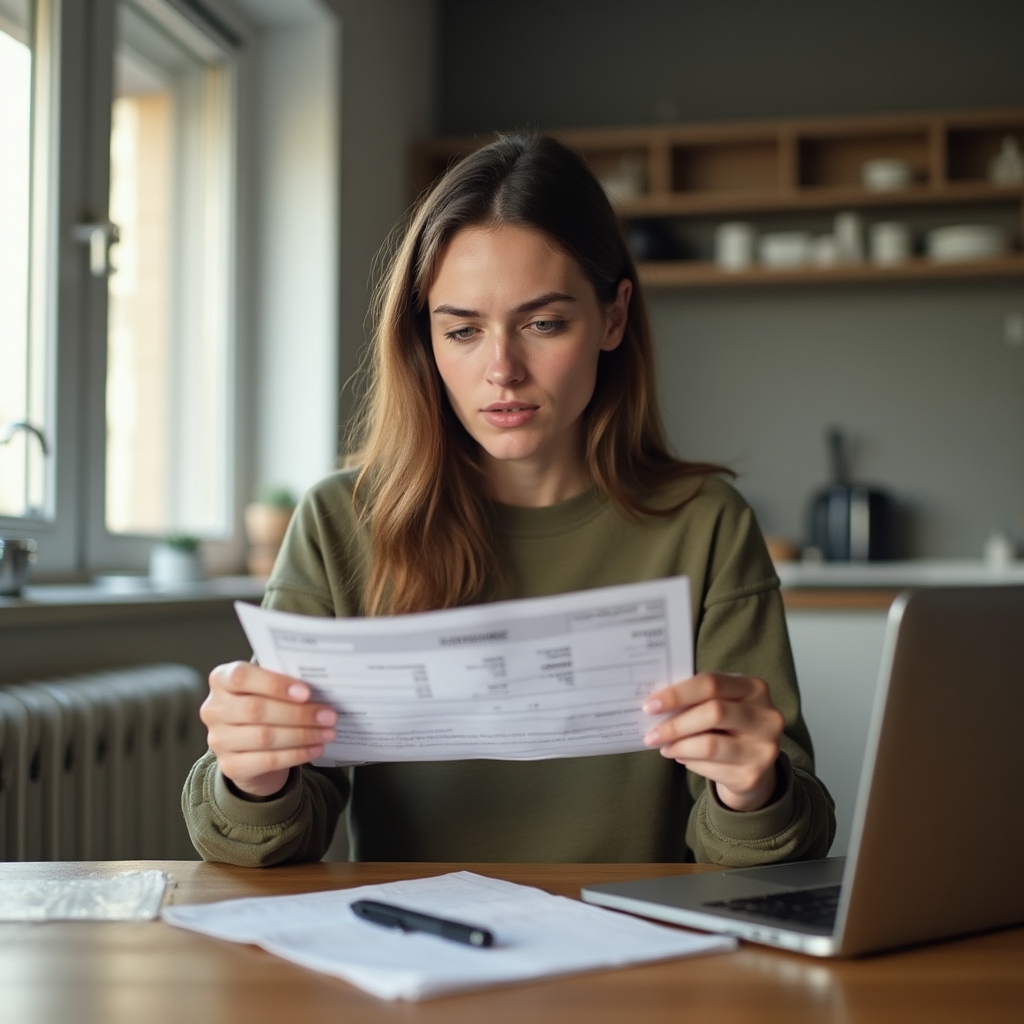 Person carefully reviewing a credit card statement at a kitchen table with focused expression