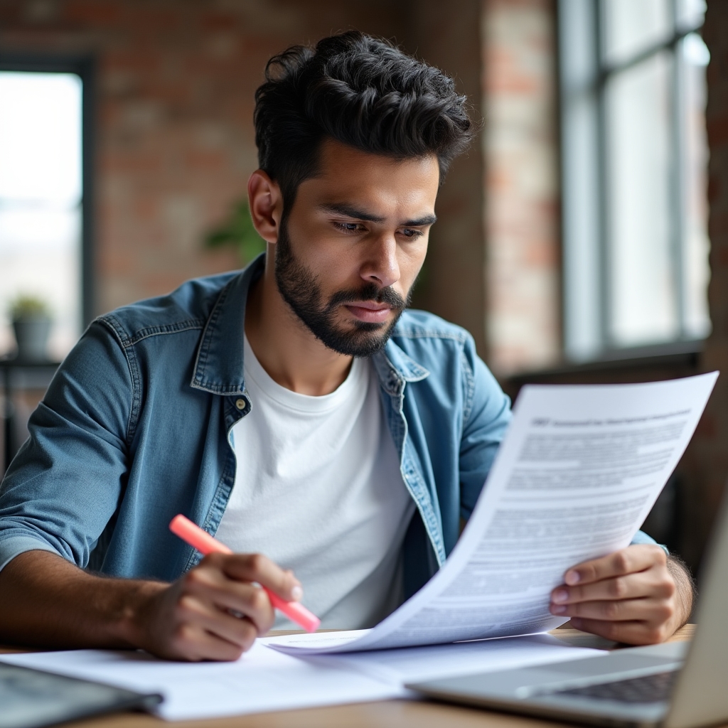 Young adult focused on studying financial documents at a desk with determined expression and good lighting