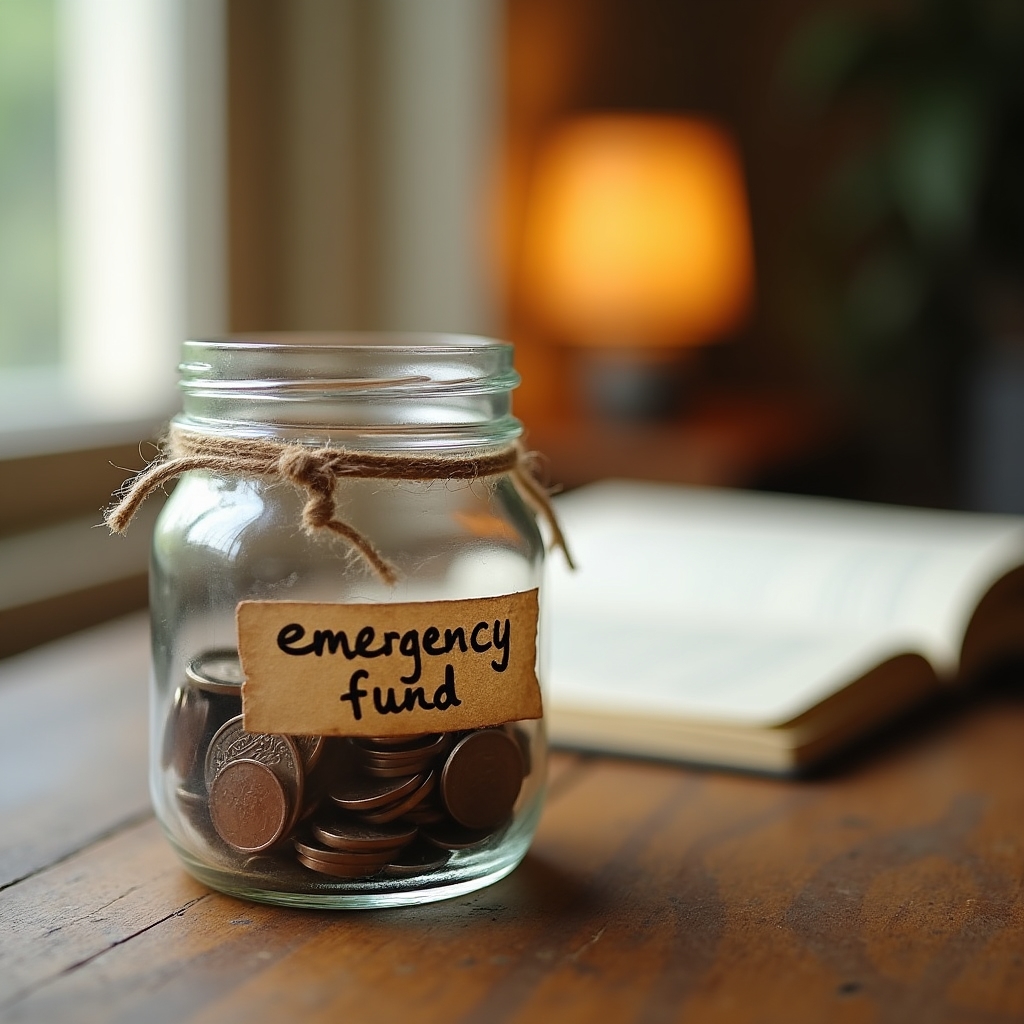 Glass jar with coins representing an emergency savings fund on a wooden surface with soft light