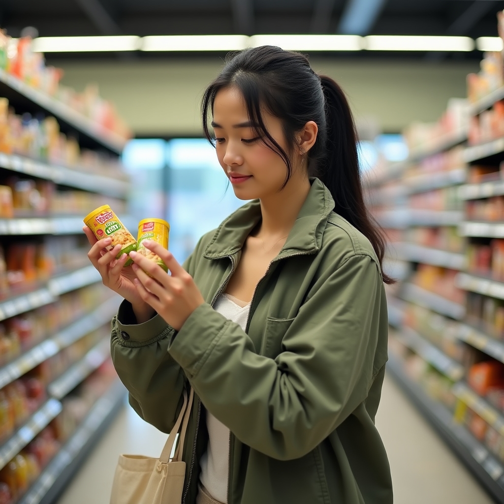 Young adult thoughtfully reviewing a receipt while shopping, making conscious spending choices