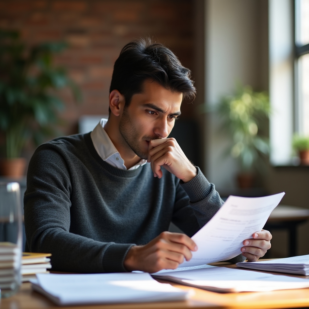 Young professional looking thoughtfully at financial documents in a modern workspace with warm light
