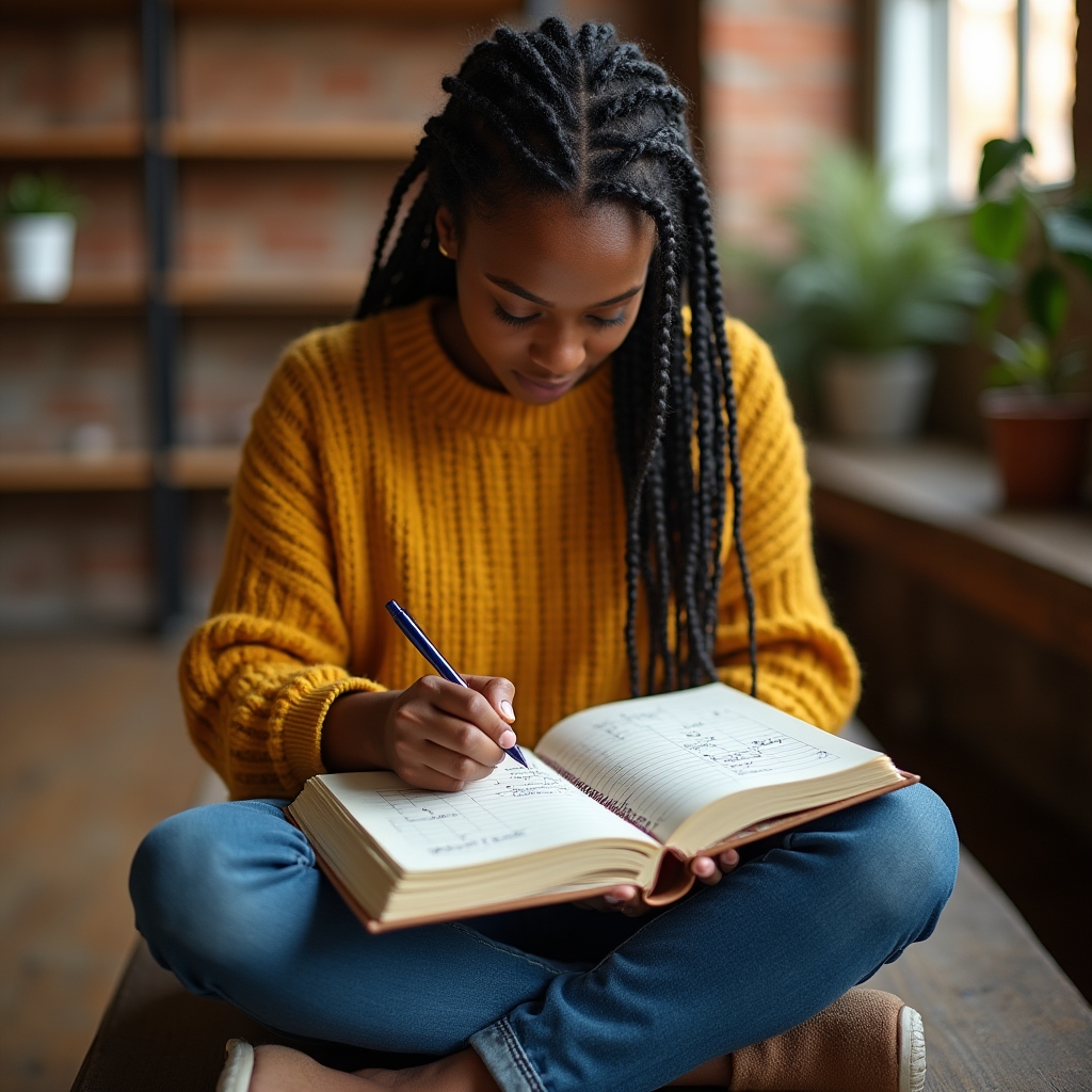 Person writing in a financial journal with savings goals outlined, warm industrial loft environment
